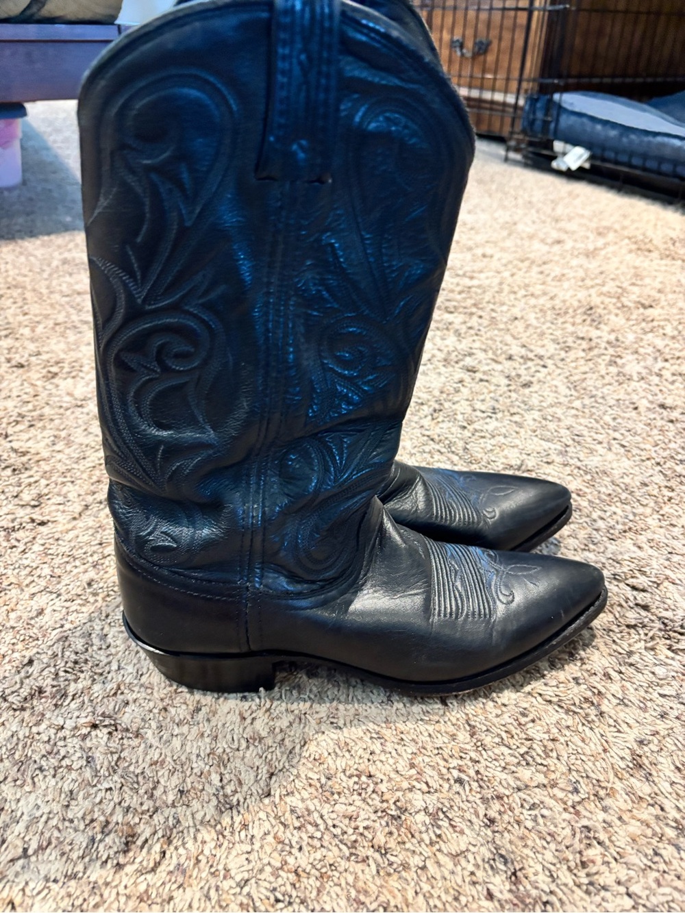 Dan Post Black Leather Western Cowboy Boots with Embroidered Shaft - Picture 2 of 5